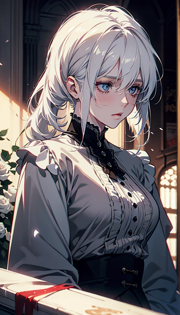 young,White Rose,Blood,Low screen contrast,high brightness,White hair,Soft Light,Soft Focus,romanticism, anime big breasts, Impressionism, Movie Lighting, close up, Ultra HD, masterpiece, High Detail