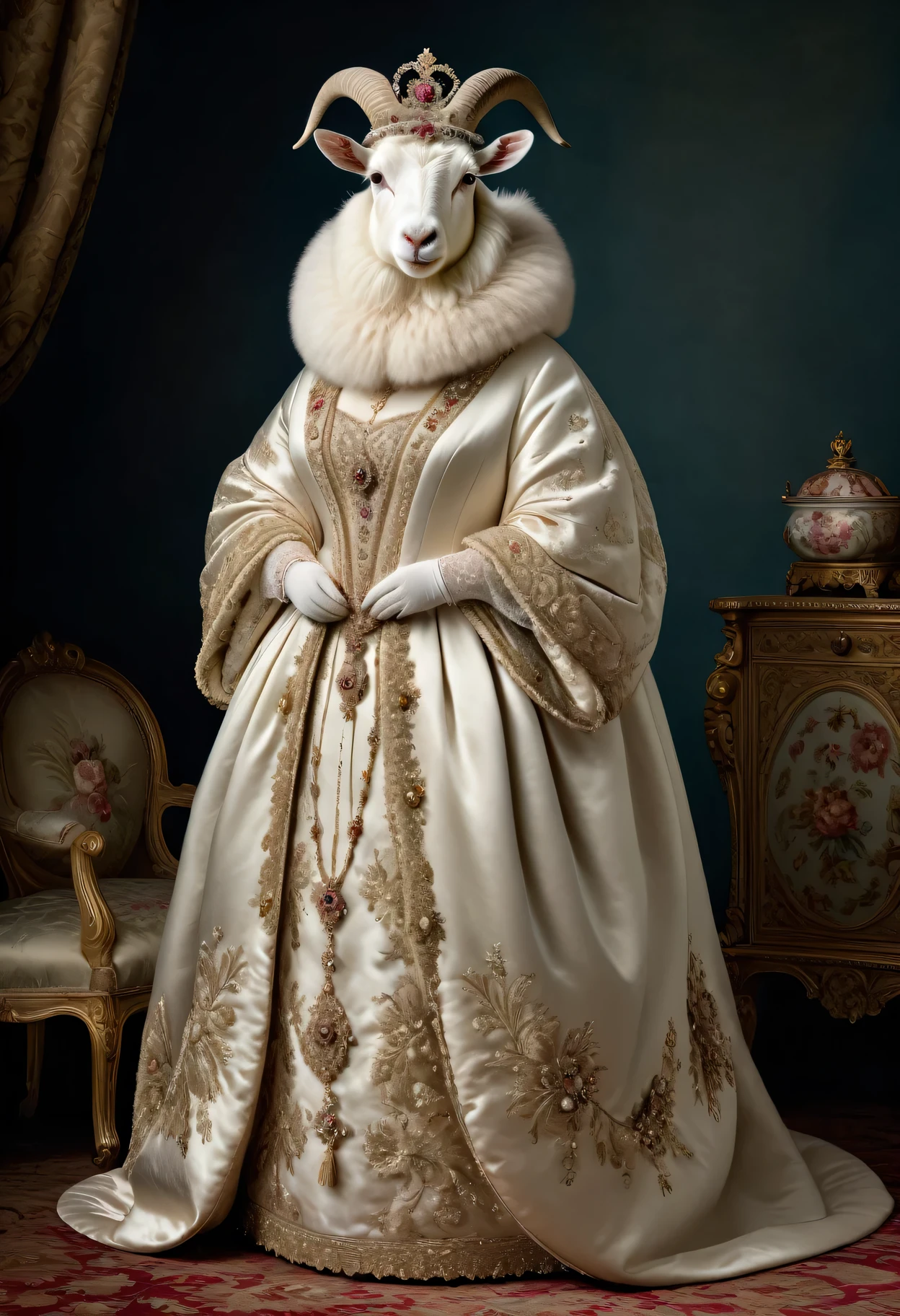 photorealistic portrait of Dressed animals - a ((fat)) (angora goat) Queen, (full body image:1.5),(elegant pose:1.5) Wearing luxury sack-back gown,(wearing luxury tiara),(hands on hips:1.5), Old-fashioned luxury clothes, detailed and opulent description of a queen's aristocratic sack-back gown in Rococo style , emphasizing luxurious fabrics, intricate embroidery and ornate accessories, simple background,(looking at viewer:1.5),score_9, score_8_up, score_7_up, score_6_up, score_5_up, score_4_up,