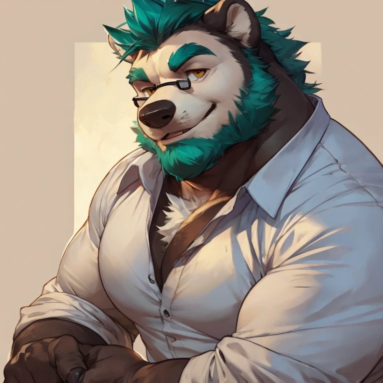 Solo, SemiMuscular Medium thin, male middle aged, anthro Badger, Master of Philosophy, black and creamy white fur, body beauty of a bluish-green tone, thin beard, Amber eyes, flirting, dynamic light, opened Shirt, Spectacles, thick shirt ,Teal hair and beard, extremely hot and sexy, Daddy figure, hot daddy, by darkgem, by zixiong, by glitter trap boy
