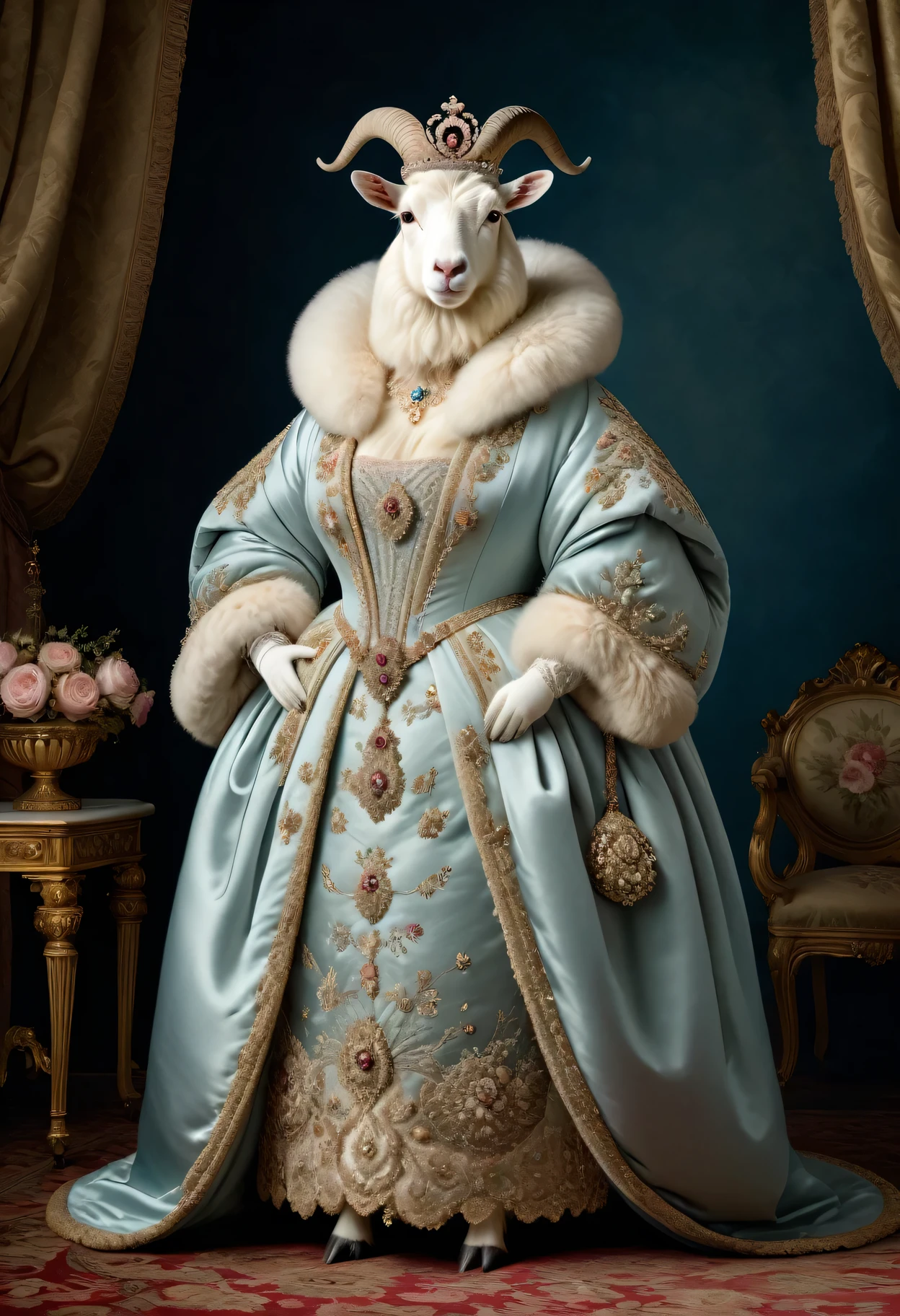 photorealistic portrait of Dressed animals - a ((fat)) (angora goat) Queen, (full body image:1.5),(elegant pose:1.5) Wearing luxury sack-back gown,(wearing luxury tiara),(hands on hips:1.5), Old-fashioned luxury clothes, detailed and opulent description of a queen's aristocratic sack-back gown in Rococo style , emphasizing luxurious fabrics, intricate embroidery and ornate accessories, simple background,(looking at viewer:1.5),score_9, score_8_up, score_7_up, score_6_up, score_5_up, score_4_up,