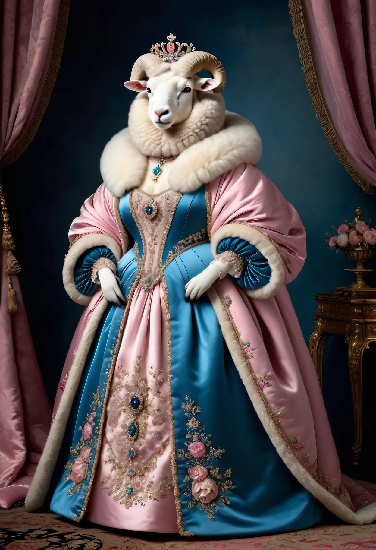 photorealistic portrait of Dressed animals - a ((fat)) (angora sheep) Queen, (full body image:1.5),(elegant pose:1.5) Wearing luxury sack-back gown,(wearing luxury tiara),(hands on hips:1.5), Old-fashioned luxury pink and blue clothes, detailed and opulent description of a queen's aristocratic sack-back gown in Rococo style , emphasizing luxurious fabrics, intricate embroidery and ornate accessories, simple background,(looking at viewer:1.5),score_9, score_8_up, score_7_up, score_6_up, score_5_up, score_4_up,