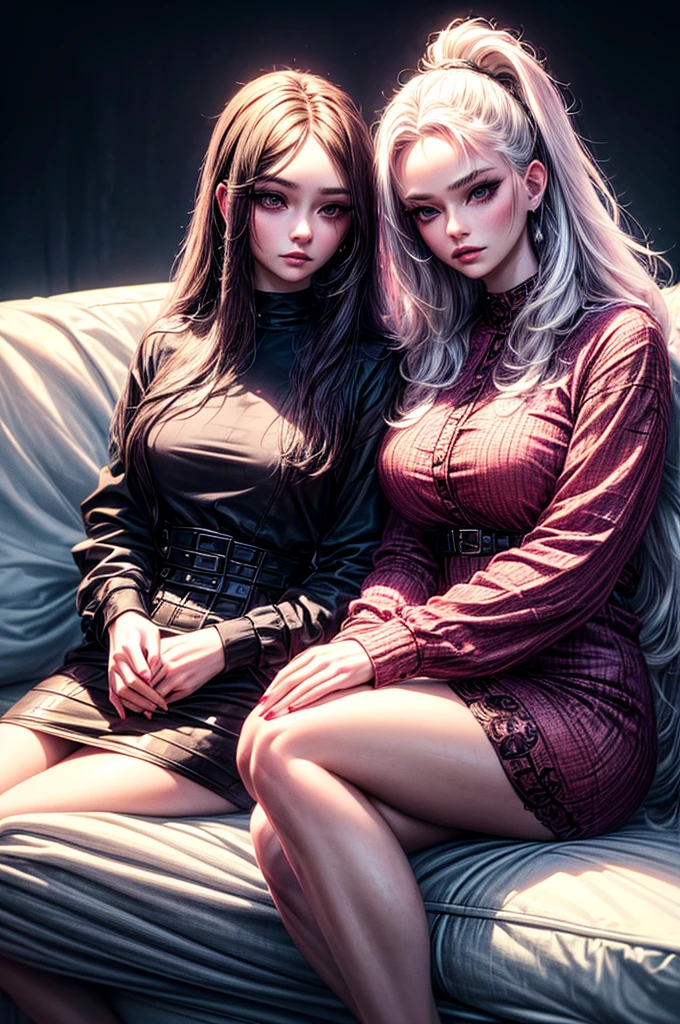 2 beautiful girls on couch, 1 sister with long black hair in formal attire, expressionless, 1 sister with pink hair in casual outfit, alluring expression, (best quality, 8k, highres, masterpiece:1.2), (ultra-detailed, photorealistic:1.37), dramatic lighting, warm color tones, elegant decorative interior, intricate textures, dramatic atmosphere, cinematic composition