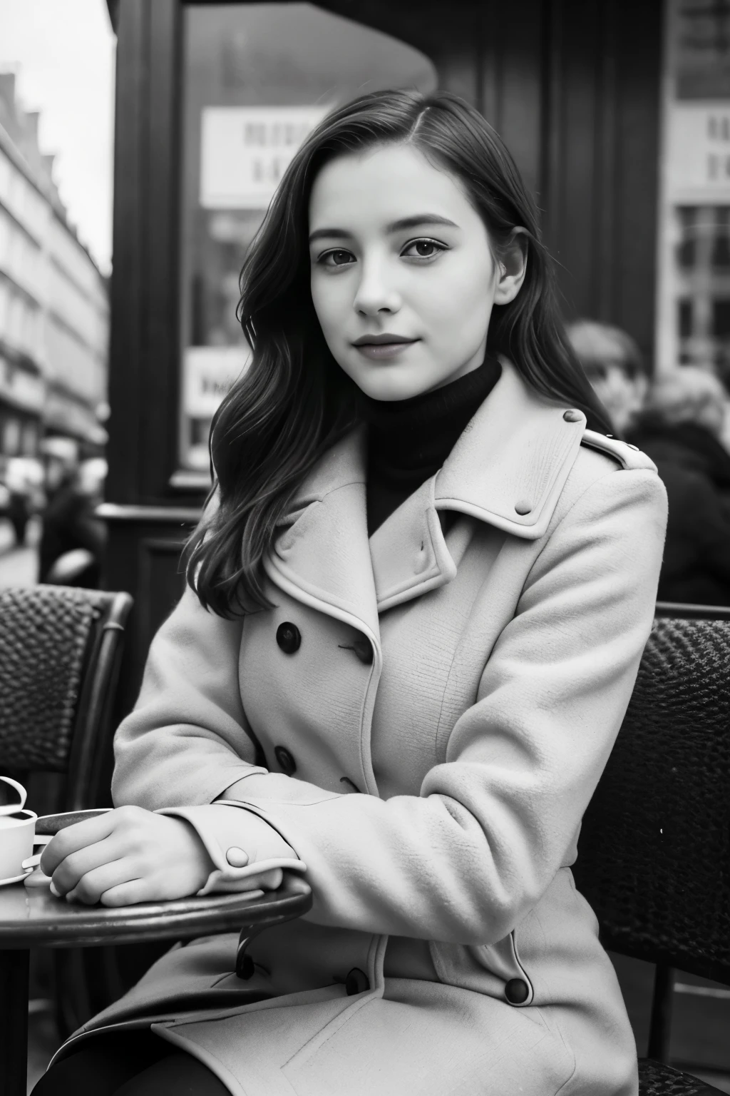 monochrome film, sepia color ,1940 years,  winter ,  A Parisian girl , 18 age, beautiful girl , on street ,in Paris cafe, sitting pose, winter wears, noon  ,(super detail, high details, high quality, accurate, anatomically correct, textured skin, beautiful fingers super detail, high details, high quality, best quality)
