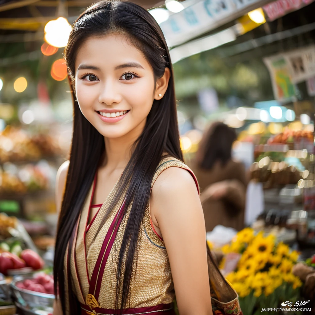 "A photorealistic portrait of a 21-year-old Myanmar girl smiles warmly at the camera with long, sleek black hair and captivating brown eyes framed by bat-like eyelashes, dressed in a beautiful traditional Myanmar dress, full body shot, 8k hdr, high detailed, lot of details, high quality, she should have an inviting and joyful expression, with a soft breeze gently lifting her hair, standing in a bustling public market."