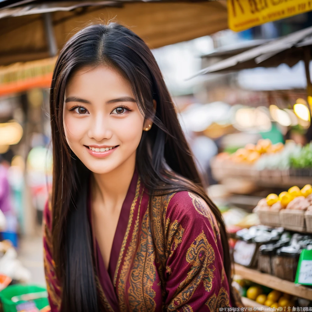 "A photorealistic portrait of a 21-year-old Myanmar girl smiles warmly at the camera with long, sleek black hair and captivating brown eyes framed by bat-like eyelashes, dressed in a beautiful traditional Myanmar dress, full body shot, 8k hdr, high detailed, lot of details, high quality, she should have an inviting and joyful expression, with a soft breeze gently lifting her hair, standing in a bustling public market."