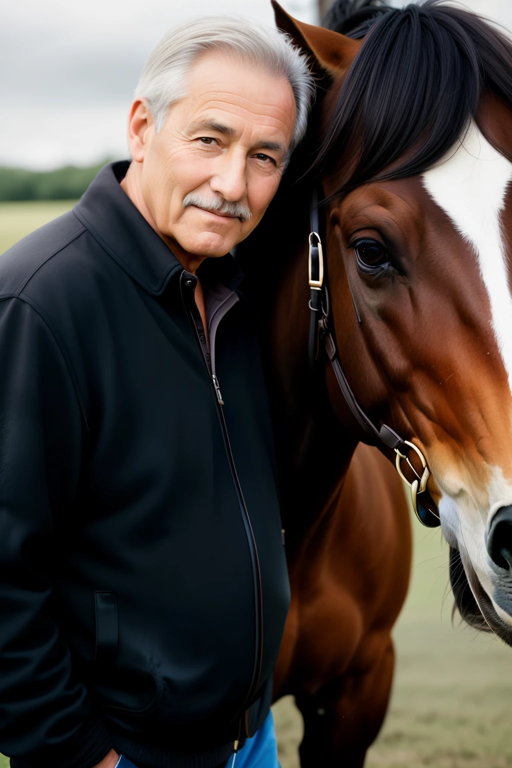 A 60-year-old guy with a gentle, gentle face and dark eyes is posing for a photo with his horse, facing the camera, the image is surreal and clear.