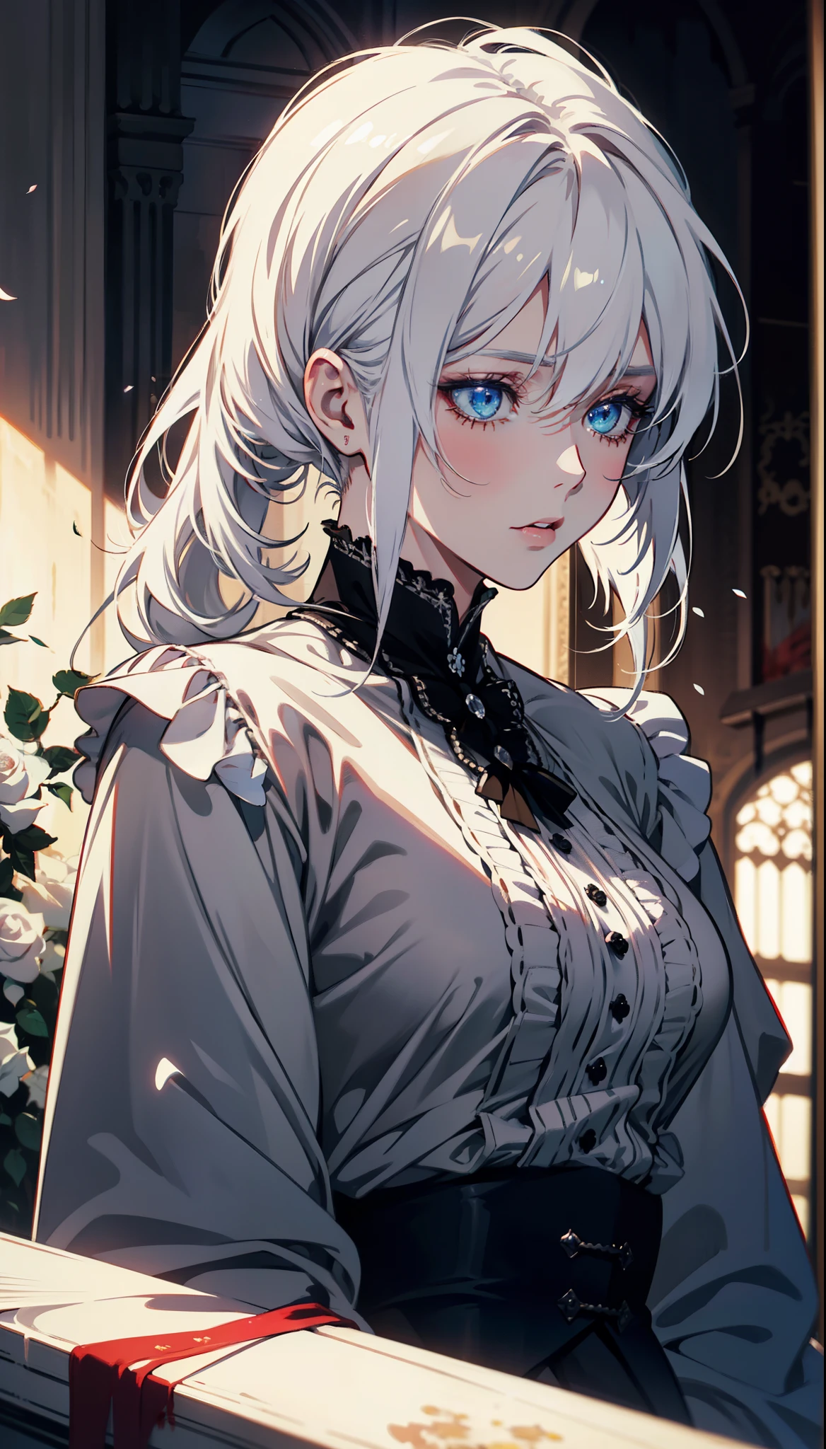 young,White Rose,Blood,Low screen contrast,high brightness,White hair,Soft Light,Soft Focus,romanticism, anime big breasts, Impressionism, Movie Lighting, close up, Ultra HD, masterpiece, High Detail