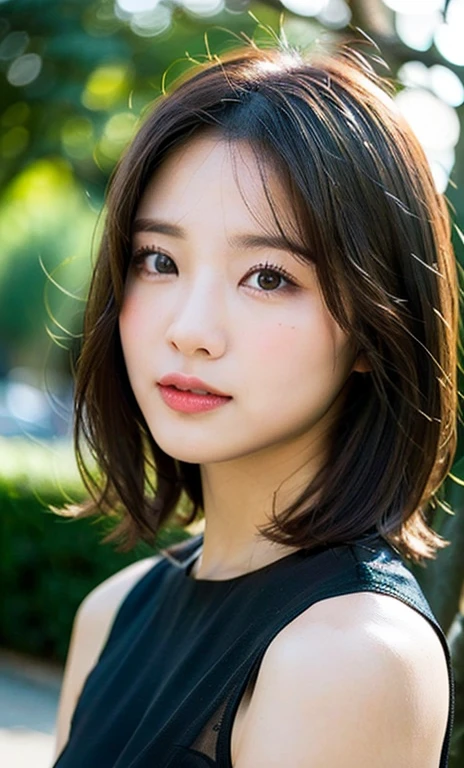 (a beautiful woman, age 28, outdoor morning dawn, wearing a black see-through dress, short disheveled hair, super definition face, fine eyes with double eyelids, beautiful lips, fair skin, super cute and soft face, brown hair, soft toned body, small bosom, 8k resolution, super realistic, super definition, highest definition, masterpiece, bokeh_background, SFW)