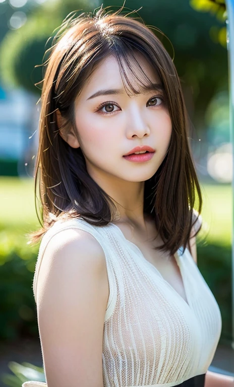 (a beautiful woman, age 28, outdoor morning dawn, wearing a black see-through dress, short disheveled hair, super definition face, fine eyes with double eyelids, beautiful lips, fair skin, super cute and soft face, brown hair, soft toned body, small bosom, 8k resolution, super realistic, super definition, highest definition, masterpiece, bokeh_background, SFW)