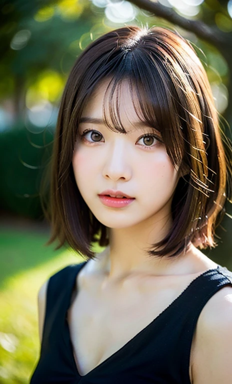 (a beautiful woman, age 28, outdoor morning dawn, wearing a black see-through dress, short disheveled hair, super definition face, fine eyes with double eyelids, beautiful lips, fair skin, super cute and soft face, brown hair, soft toned body, small bosom, 8k resolution, super realistic, super definition, highest definition, masterpiece, bokeh_background, SFW)