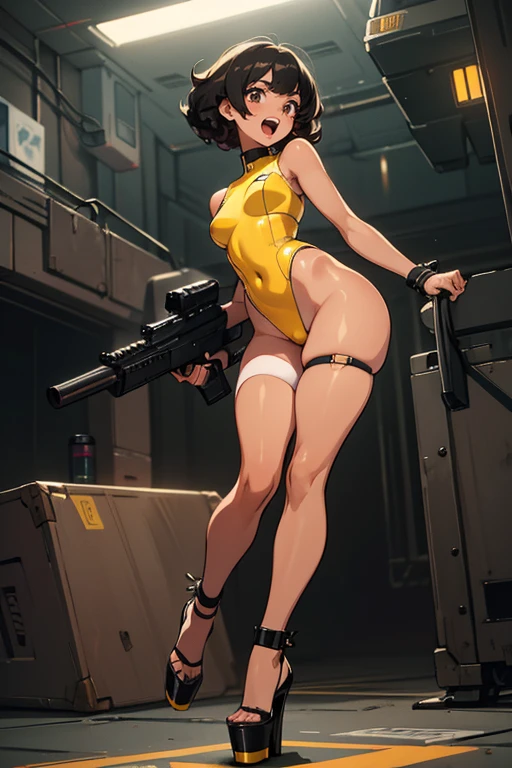 Young girl, Pullover, yellow high cut leotard, whole body to see, open mouth, smile , scream, short curly hair , wide hips, huge thighs, fullbody, platform heels, tanned , brown skin, small breast, gun, cyberpunk, soldier girl , black hair, leg garter, Big butt, turn around,