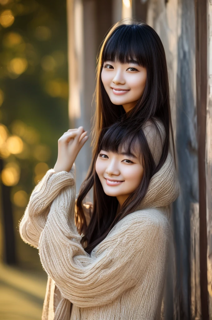 Beautiful Chinese woman, 23 years old, with bangs; home cozy clothes; joyful, carefree, smiling, squinted eyes, sincere happiness, joy, serenity, Enjoying the moment.(masterpiece, accuracy, Shine, 8 K)