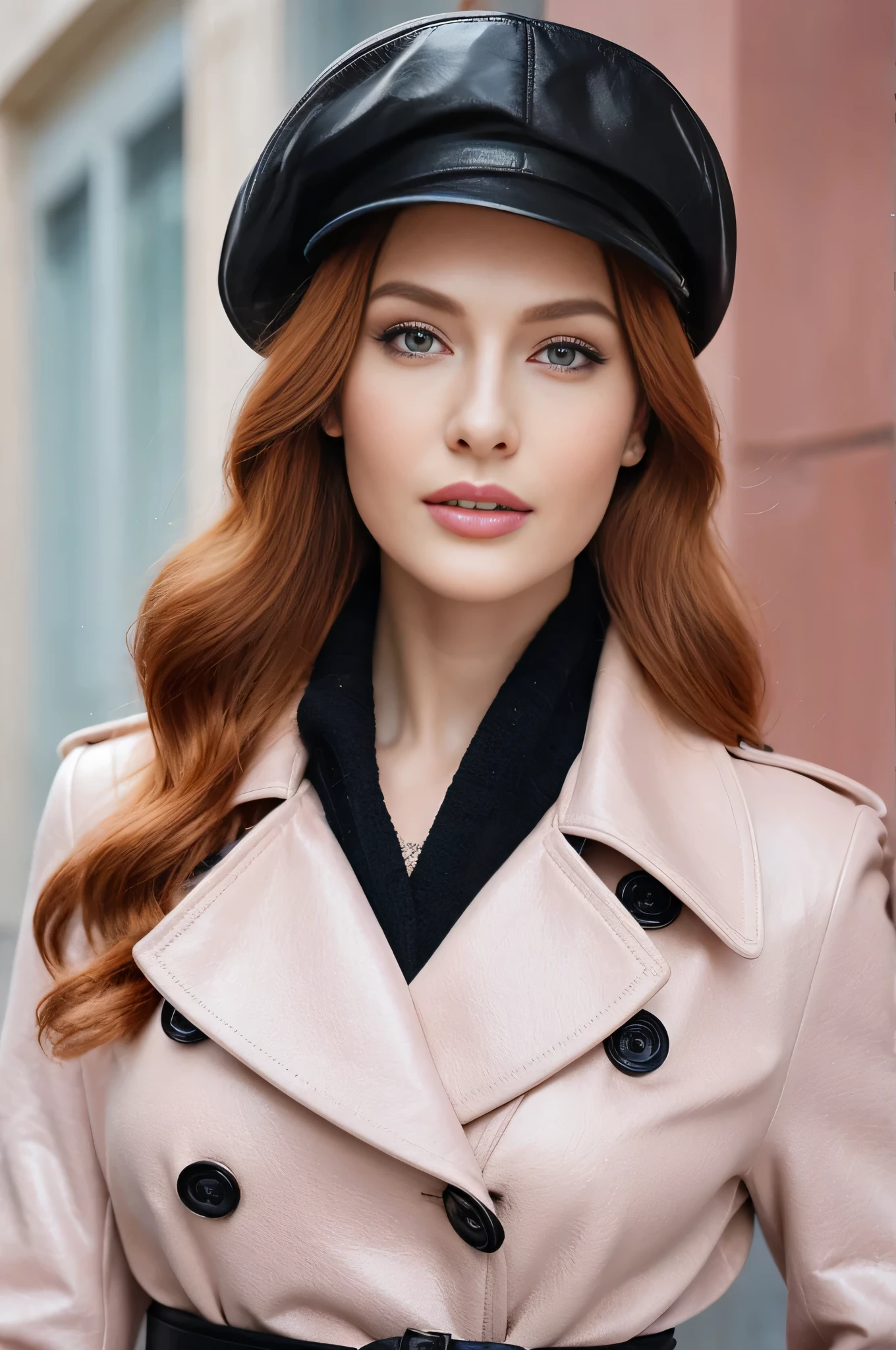 A close-up portrait of a beautiful, comely, stunning russian woman wearing a classy chic outfit: a light pink double-breasted leather coat with black belt and buttons, a black sweater,a black newsboy cap. A red-haired woman from Russia, dainty red lips, pastel pink skin tone, smooth, pale, flawless skin, chic make-up, red lipgloss stick. chice, chic, sophisticated redhead woman, a majestic lady, dream beauty, ethereal beauty, Angelic beauty, dainty, confidential, soft, kind, romantic, kindness, feminine and strong, Coraggioso, determined woman from Russia. Aparência chic, flowing and shiny wavy red hair. She&#39;s making a photo album, posing for the camera, professional photograpy, Editorial Photography, portrait photography of a russian model.