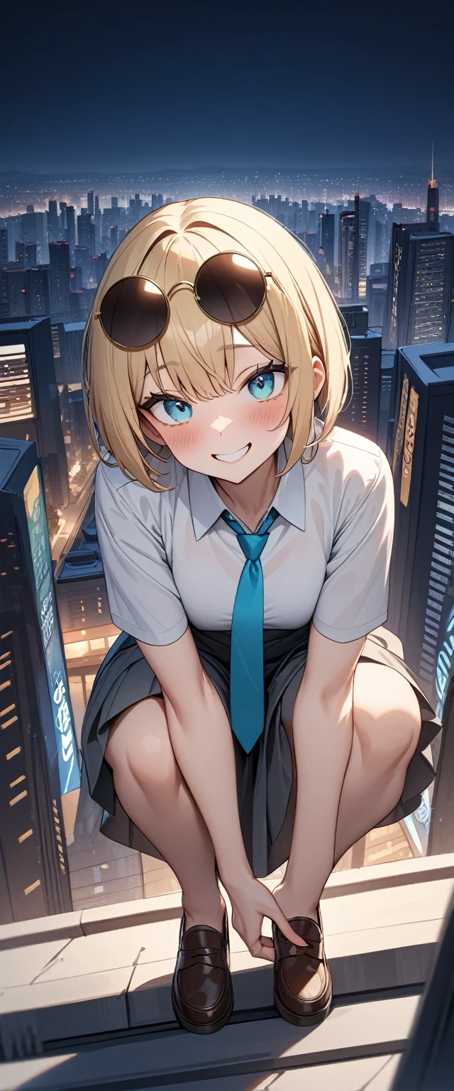 (masterpiece, Highest quality, でvery aesthetic, Super detailed), Intricate details, ((Cityscape, )), night,
One woman, Grin, Blonde, Red gradient, Brown Loafers, Bobcut, blush, (((On top of a building))), Turquoise Eyes, Big eyes, Round eyes, ((sunglasses)), , Collared shirt, White shirt, Baby Face, The clavicle is visible, Light blue tie, Grey Skirt, , looking at viewer, Peace sign sideways near the eyes, , Straight skirt, ((Crouching with legs spread))