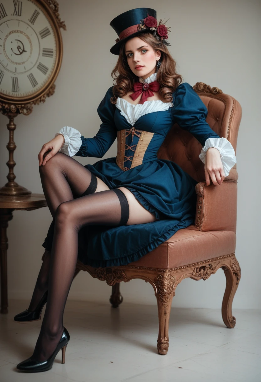 Steampunk girl.A steampunk fantasy depiction of a woman in stockings and heels, with Victorian-era technology and futuristic elements. Ultra Realistic photo, vibrant colors, 8k
