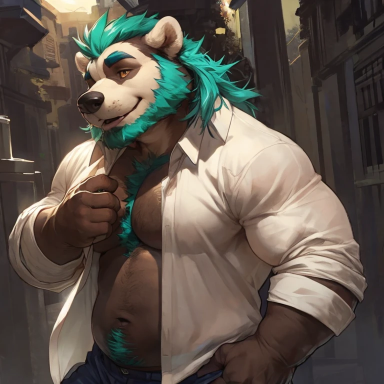Solo, SemiMuscular Medium thin, male middle aged, anthro Badger, Master of Philosophy, black and creamy white fur, body beauty of a bluish-green tone, thin beard, Amber eyes, flirting, dynamic light, opened Shirt, Spectacles, thick shirt ,Teal hair and beard, extremely hot and sexy, Daddy figure, hot daddy, by darkgem, by zixiong, by glitter trap boy