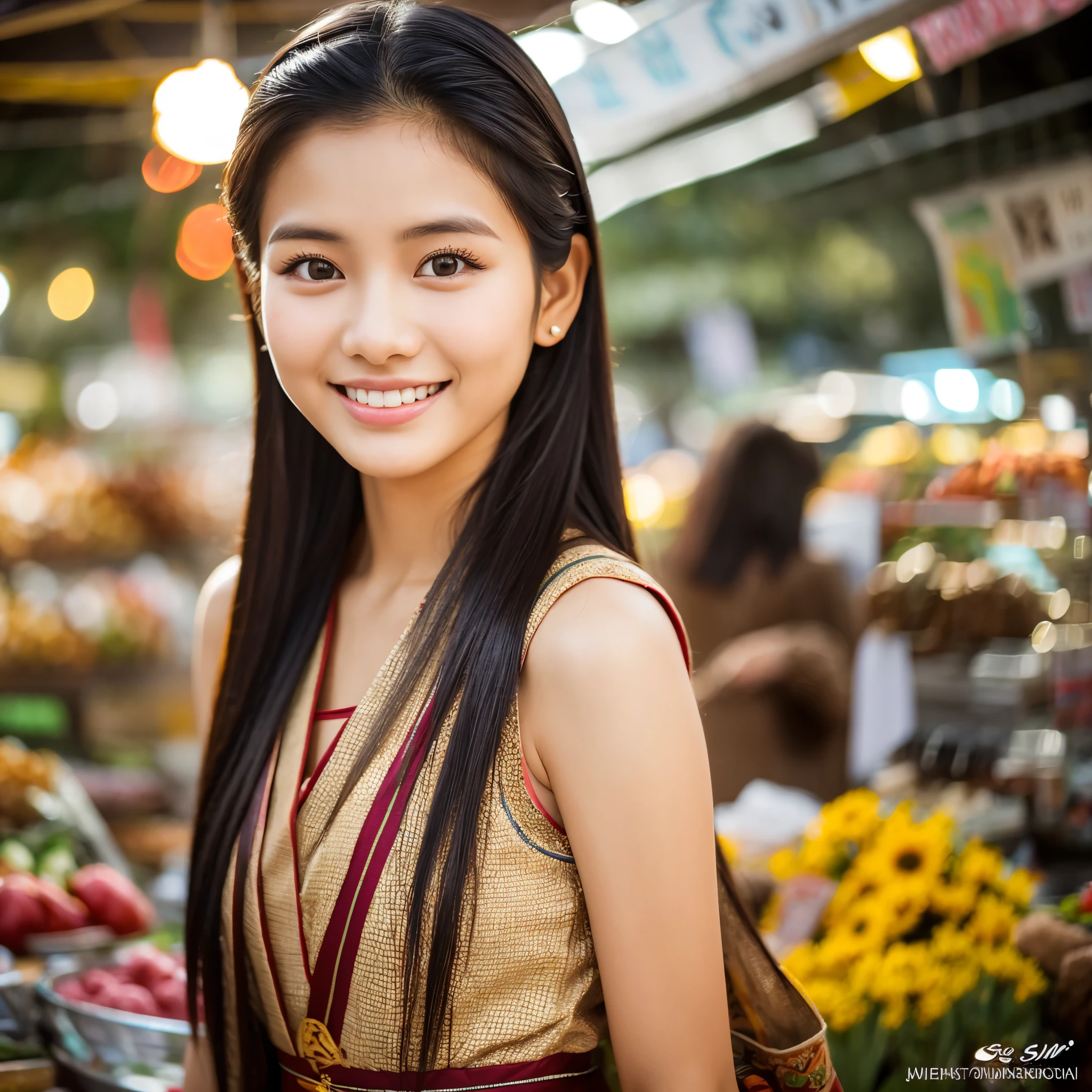 "A photorealistic portrait of a 21-year-old Myanmar girl smiles warmly at the camera with long, sleek black hair and captivating brown eyes framed by bat-like eyelashes, dressed in a beautiful traditional Myanmar dress, full body shot, 8k hdr, high detailed, lot of details, high quality, she should have an inviting and joyful expression, with a soft breeze gently lifting her hair, standing in a bustling public market."