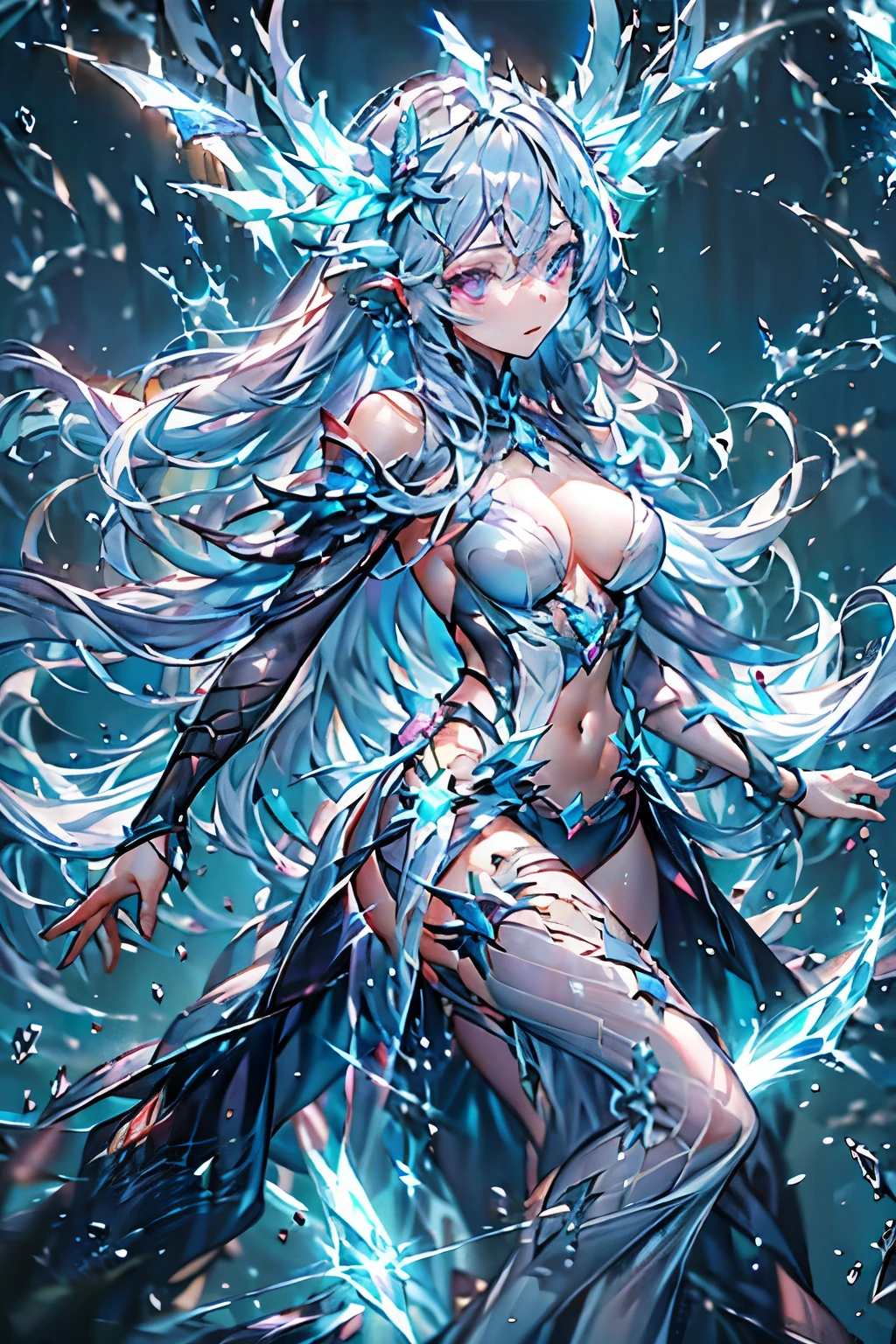 High resolution, masterpiece, Highest quality, Textured skin, Syndra(League of Legends)、Whole body shot、Floating in the air、Splash art style、Demon King、White as the base color、The magic of thunder、Control the 3 magical spheres that fly around Syndra、Spheres in the shape of ice crystals、Heterochromia of the iris、Odd Eye、Ecstatic expression、Purple Hair、Inner hair color light blue、Gradient color hairstyle、thunder blade skin、Silver World、Fantasy、Ice crystals、thunder dress、Full body thunder armor、Wear warm clothes、Small breasts、thunder、electrification、Superconductivity、Ice thunder
