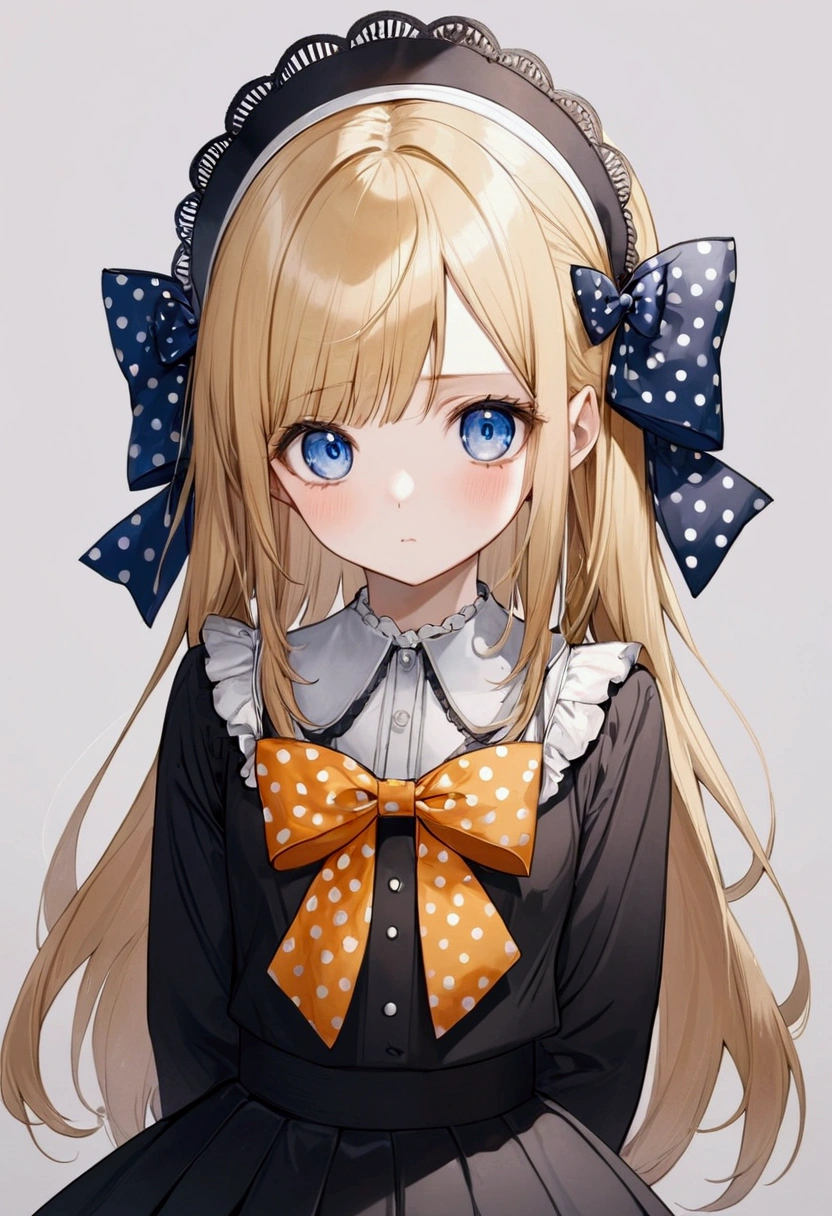 Fraction_9, Fraction_8_Direction_7_direction_6_up, 1 girl, solitary, Abigail Williams \(destiny\), bow, Blonde Hair, hair bow, black bow, blue eyes, polka dot, Long hair, polka dot bow, Looking at the audience, have, parted Bangs, background, Shut up, orange bow, Black headdress, Bangs, portrait, forehead, symbol, black skirt, multiple hair bows, skirt
