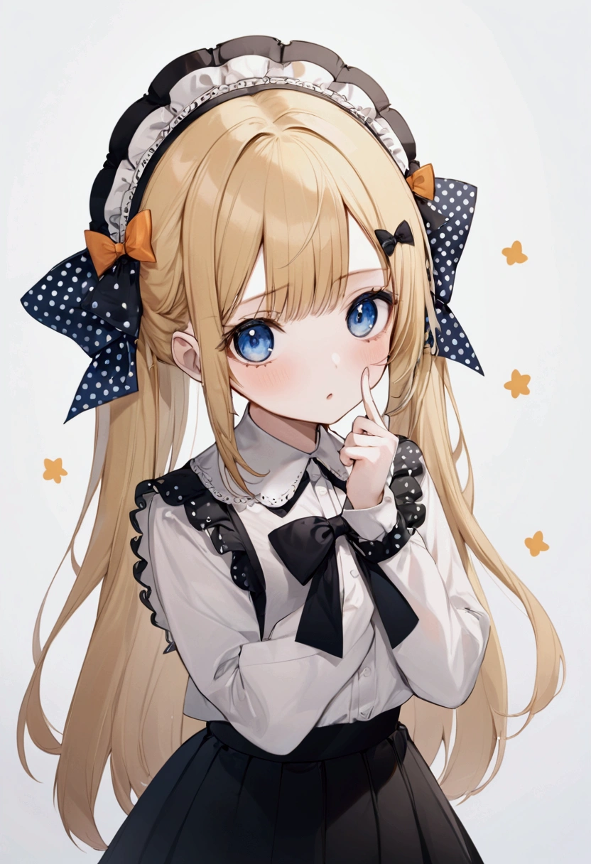 Fraction_9, Fraction_8_Direction_7_direction_6_up, 1 girl, solitary, Abigail Williams \(destiny\), bow, Blonde Hair, hair bow, black bow, blue eyes, polka dot, Long hair, polka dot bow, Looking at the audience, have, parted Bangs, background, Shut up, orange bow, Black headdress, Bangs, portrait, forehead, symbol, black skirt, multiple hair bows, skirt