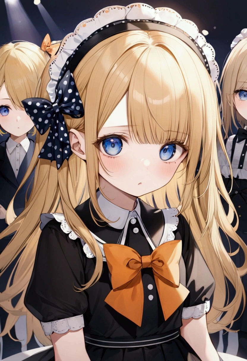 Fraction_9, Fraction_8_Direction_7_direction_6_up, 1 girl, solitary, Abigail Williams \(destiny\), bow, Blonde Hair, hair bow, black bow, blue eyes, polka dot, Long hair, polka dot bow, Looking at the audience, have, parted Bangs, background, Shut up, orange bow, Black headdress, Bangs, portrait, forehead, symbol, black skirt, multiple hair bows, skirt