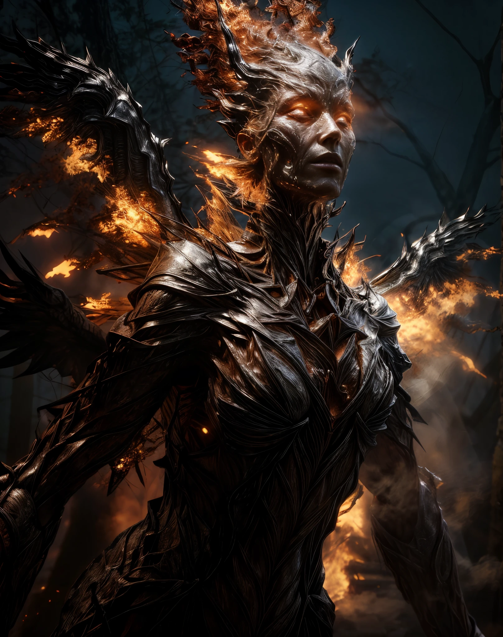 there is elemental woman with wings flying in the air, dark sky. High details, high quality, [[photorealistic Chromatic aberration]], digital photograph, HDR, high contrast, (cowboy shot), masterpiece. [The scene is surrounded by mist, evoking a mysterious and eerie atmosphere. The lighting is dark and atmospheric, with a touch of sinister ambiance. Best quality image, HDR enhancement, showcasing the utmost level of detail and realism]. [8K, Best Quality, Ultra High Resolution, (highly detailed CG unity 8k wallpaper), (best photo), (best shadows), isometric 3D, octane rendering, ray tracing, highly detailed, (Best quality, 4K, 8k:1.2), absurdity, ultra detailed, (realistic, photorealistic, photorealistic:1.37), complex parts, HDR, (complex parts:1.12), (hyper detailed, hyper realistic, Soft lighting, spicy:1.2), (complex parts, Hyper detailed:1.15). Blurred foreground. (backlit), masterpiece, high quality, brightness, chromatic aberration, shadows, contrast, clear sky, (warm hue, warm tone), high details, natural reflections]. many details.