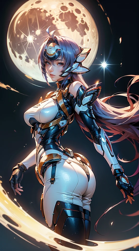 1girl,(concept art:1.0),(Taimanin Asagi style:1.3),woman wearing a bodysuit,(Face to shoulder:1.4),(big eyes:1.2),(beautiful face:1.3),(thin smile),(The background is the moon:1.1),(from below)