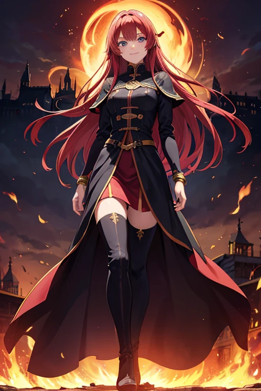 Anime Art、Full body portrait、Fantasy World Fire Wizard、A woman around 160cm tall, around 27 years old, wearing a crimson Gothic dress, walking through a burning medieval town surrounded by flames.、Long skirt that reaches the ankles、Black tights、Wavy medium length hair、Red hair、Wicked Smile、Creepy Smile、unpleasant laughter、Opening his mouth and laughing arrogantly、Bossy smile、Sharp Eyes、Eyes wide open、Small eyes、Blue Eyes、Thick-soled thigh-high boots、Gold Bracelet