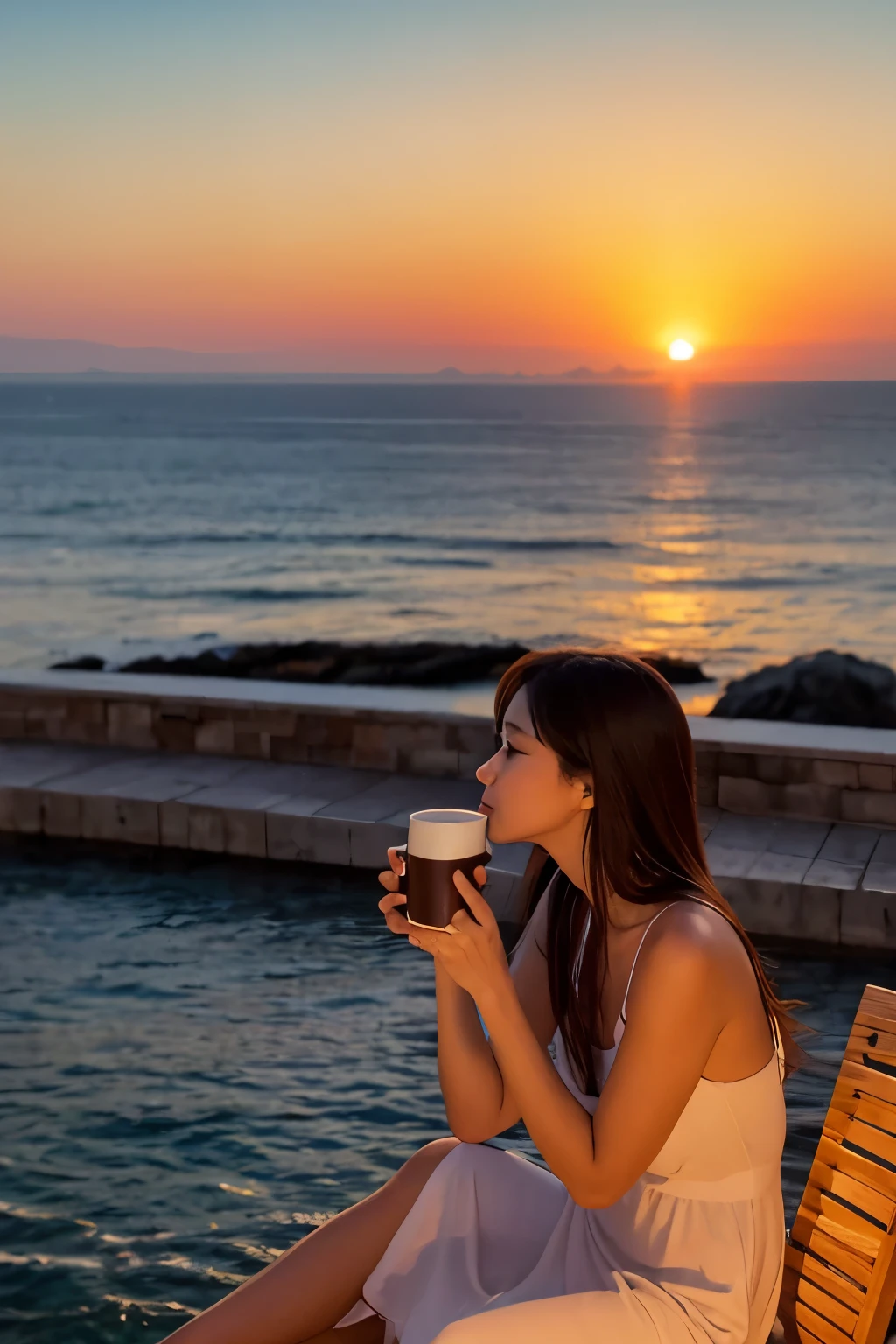 Drinking coffee by the sea at sunset