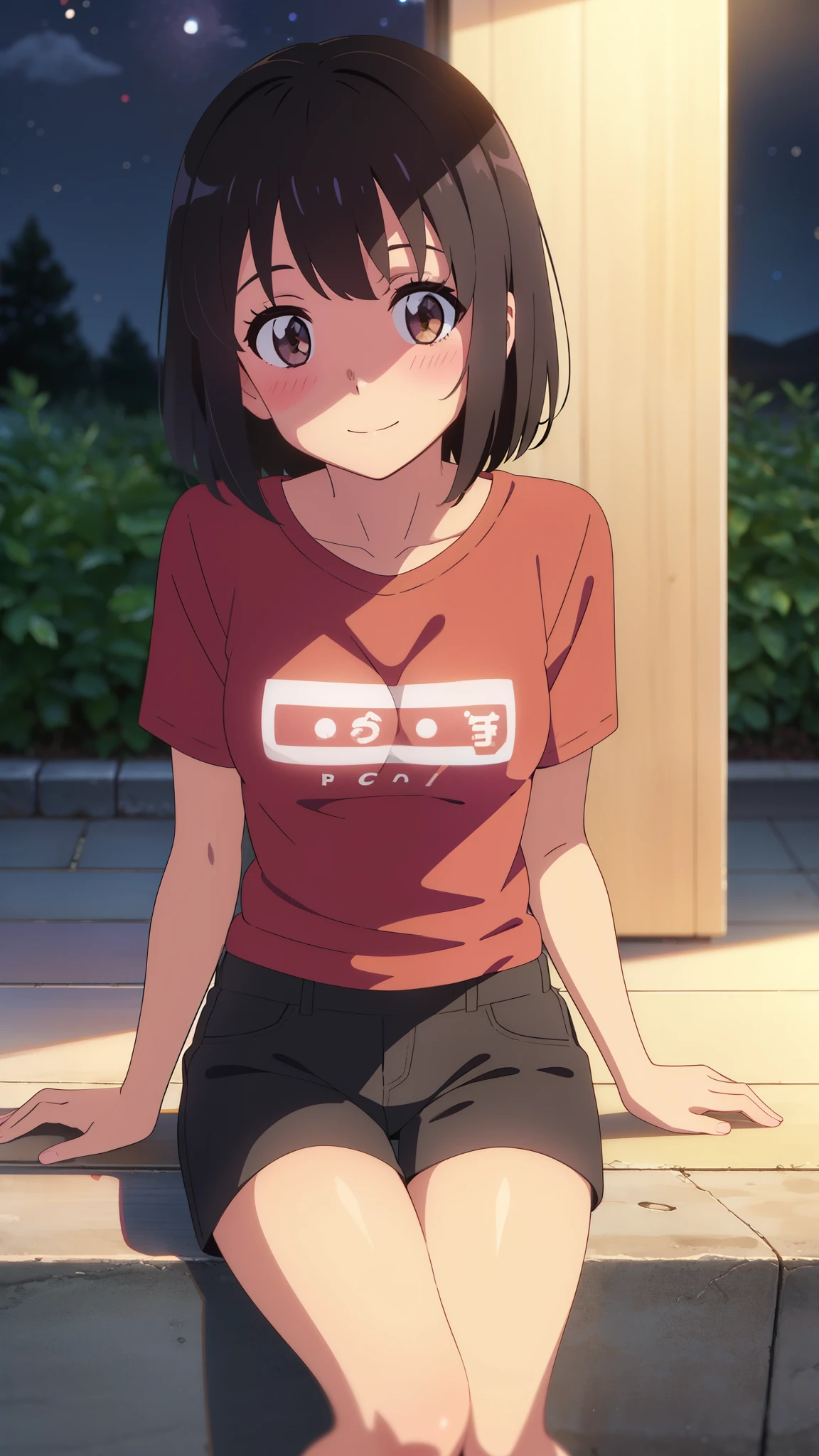 shinkai makoto, kimi no na wa., 1girl, bangs, black hair, blush, brown eyes, looking at the viewer, Cowboy shot, T-shirt, medium breasts, shorts, short hair, solo, shinny skin, smile, cute, residential area, sitting on the ground, night sky, (masterpiece), best quality