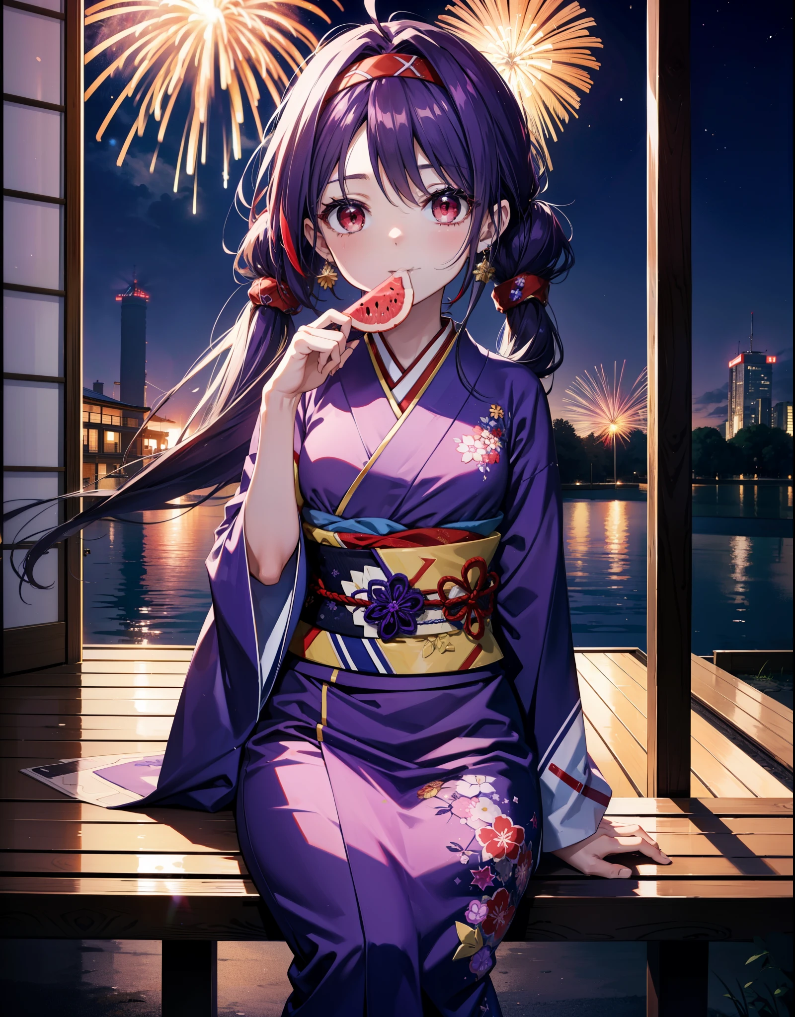 yuukikonno, Yuuki Konno, hair band, Long Hair, Pointed Ears, Purple Hair, (Red eyes:1.5), (Small breasts:1.2),low twin tail,smile,Open your mouth,Purple Kimono,Purple long skirt,Fireworks in the night sky,Fireworks,The place is a fireworks display,Time is night,sunny day,Sitting on a bench,He is eating a triangular piece of red watermelon, holding it in both hands.,Wind Chimes,whole bodyがイラストに入るよう,
break looking at viewer, , whole body, (Cowboy Shot:1. 5)
break indoors, Veranda,Japanese garden,
break (masterpiece:1.2), Highest quality, High resolution, unity 8k wallpaper, (figure:0.8), (Beautiful attention to detail:1.6), Highly detailed face, Perfect lighting, Highly detailed CG, (Perfect hands, Perfect Anatomy),