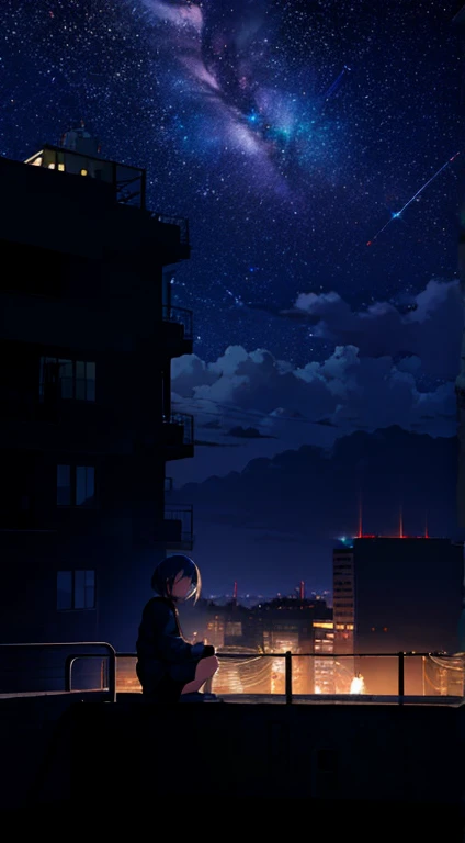 Octane, null, star (null), scenery, starry null, night, One girl, night null, alone, Outdoor, building, cloud, milky way, Sitting, wood, Short Hair, blue eyes,city, silhouette, cityscape