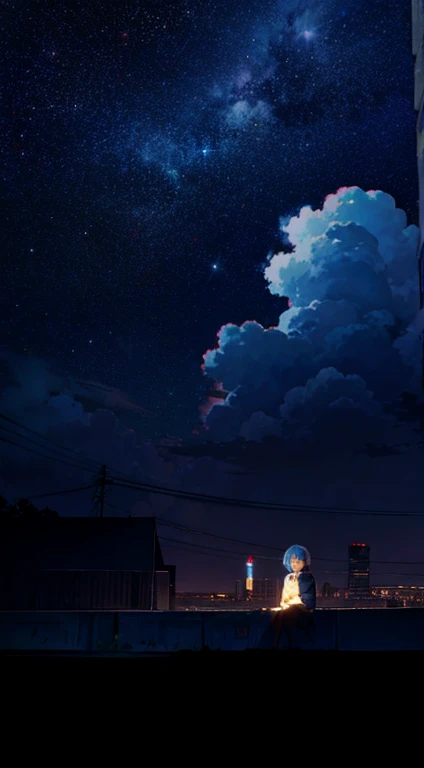Octane, null, star (null), scenery, starry null, night, One girl, night null, alone, Outdoor, building, cloud, milky way, Sitting, wood, Short Hair, blue eyes,city, silhouette, cityscape