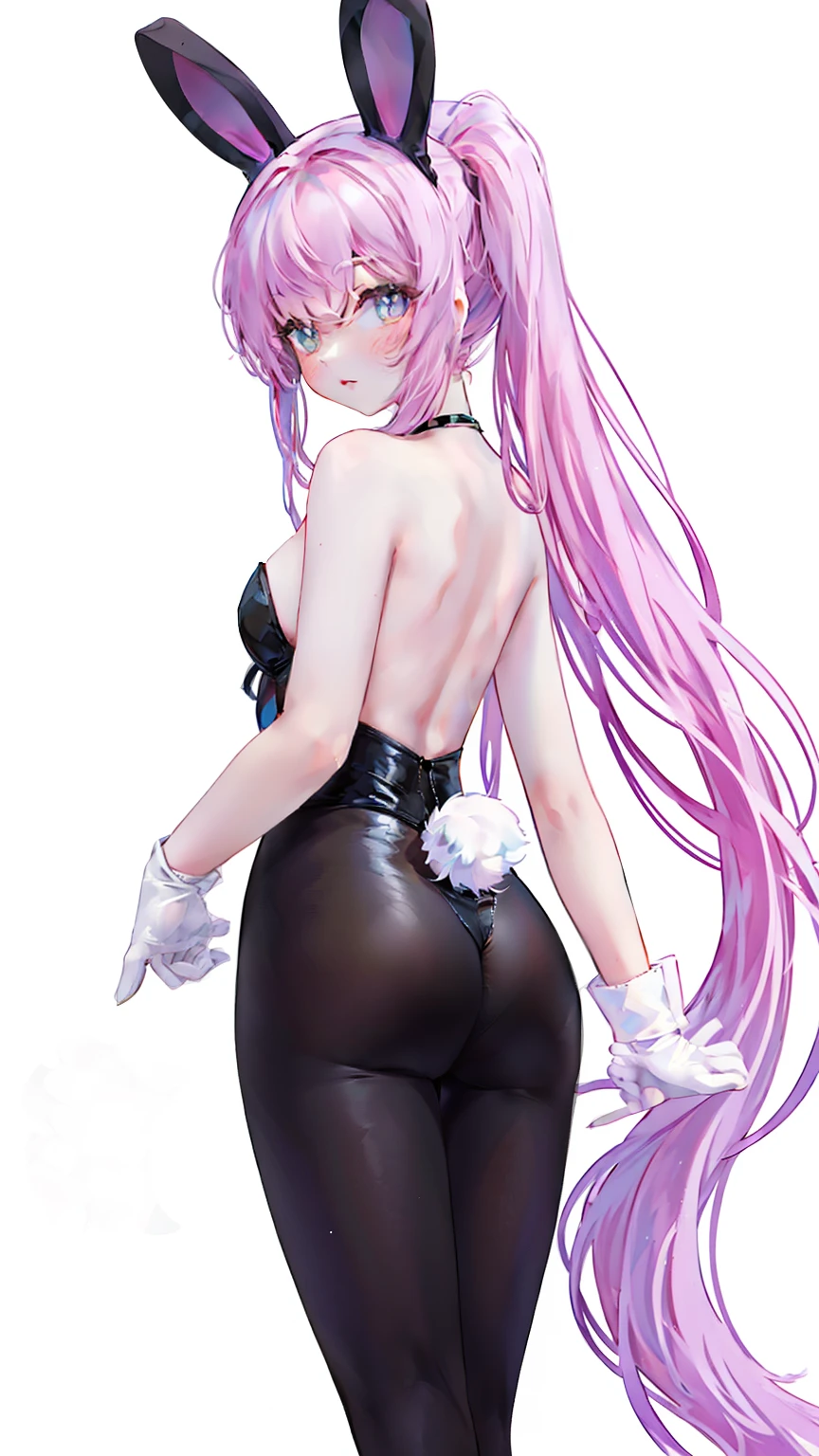 (rabbit) ,Ridiculous,Comment,high resolution,1 girl,18 years old, perfect body proportions,absurdly long hair ,Animal ears,yes,Back,Backless outfit,bare Back,bare shoulders,black tights,blush,medium breasts,split collar,fake Animal ears,fake Tail,fishnet pantyhose,fishing net,from behind,whole body,glove it,hand on own thigh,High heel,high ponyTail,high legs,high legs tights,large,tights,big ass,long hair,looking at the audience,looking Back,Zhonggou,official alternate costume,on Stool,pantyhose,Postbox,playboy rabbit,ponyTail,Rabbit ears,rabbit Tail,scapular,side- tie tights,side breasts,side lock,sign,standing,alone,Strapless,Strapless tights,Tail, username,very long hair,wh ite Background,White gloves