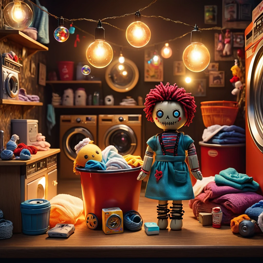 (knitted toy voodoo doll:1.7), (Voodoo in a city laundromat with animated washing machines:1.3), (Clothing: tattered casual attire with mystical symbols:1.0), (Accessories: miniature glowing soap bubbles, tiny floating laundry baskets, small enchanted washing machines:1.2), (background: bustling laundromat with flickering lights and glowing magical appliances, ethereal light illuminating the scene:1.2), best quality, masterpiece, detailed soft oil painting, detailed background, dramatic cinematic lighting, soft edge lighting, professional, dramatic lighting, hard edge lighting, ultra quality, 4k,masterpiece, best quality, 8k, ultra highres, highres, extremely detailed