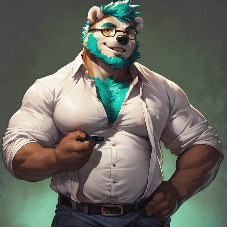Solo, SemiMuscular Medium thin, male middle aged, anthro Badger, Master of Philosophy, black and creamy white fur, body beauty of a bluish-green tone, thin beard, Amber eyes, flirting, dynamic light, opened Shirt, Spectacles, thick shirt ,Teal hair and beard, extremely hot and sexy, Daddy figure, hot daddy, by darkgem, by zixiong, by glitter trap boy