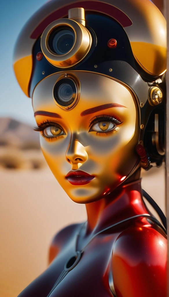 humanoid, gears, golden and red, big eyes, yellow cable, sleek and polished, bokeh, depth of field, ancient but futururistic, desert, ,Photojournalism photo, shot on Kodak Ektar 100, Natural Light, using a Sony A7R IV, Anamorphic lens, Medium Shot angle, in the style of Helmut Newton, in a Nostalgic atmosphere