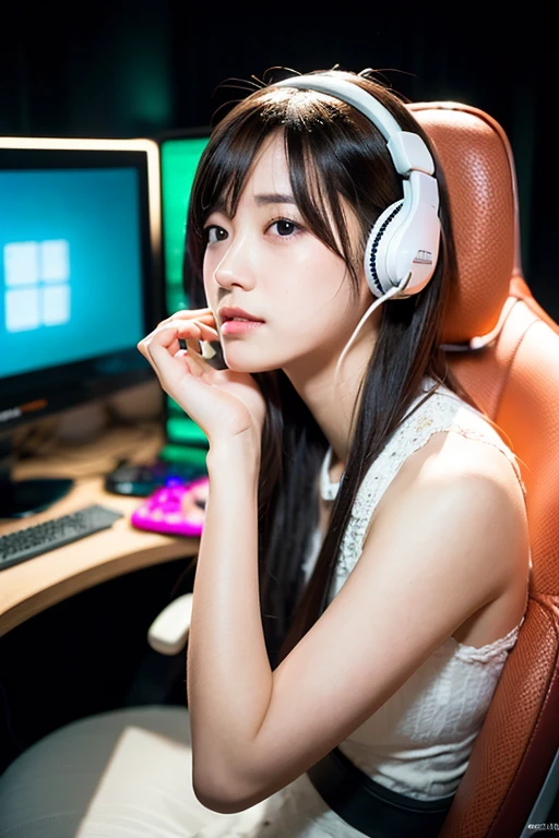 (8k, best quality, masterpiece:1.2), (realistic, photo-realistic:1.37), ultra-detailed, detail fingers, realistic fingers, A detailed portrait of 1 Gamer Girl, 21 year old girl, e girl, pale skin, perfect body, wearing maid clothes, cute pink headphone, sitting in a cute pink gaming chair, closed mouth, flat expression. The scene is illuminated with professional lighting, photon mapping, and radiosity, with Tetsuya Nomura Style. Blur bokeh effect, realistic light.
