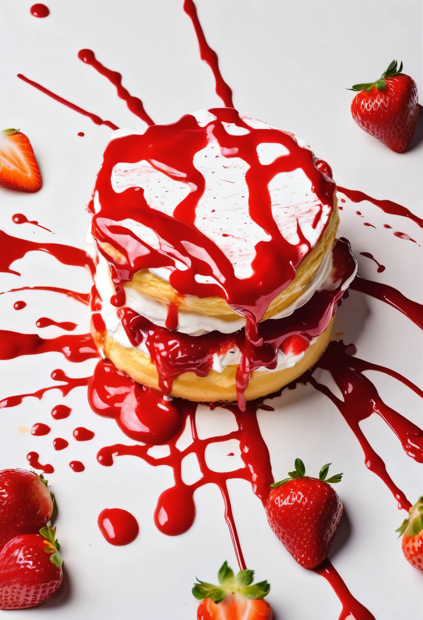 masterpiece、super beautiful、8K、Dirty photos、A smashed and crushed shortcake、Cream splattered and spread、Strawberry jam smeared thickly on white paper、High angle、flat