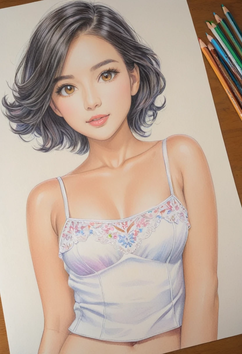  woman，Short camisole，white，art，advertisement，Colored pencil drawing，draft 