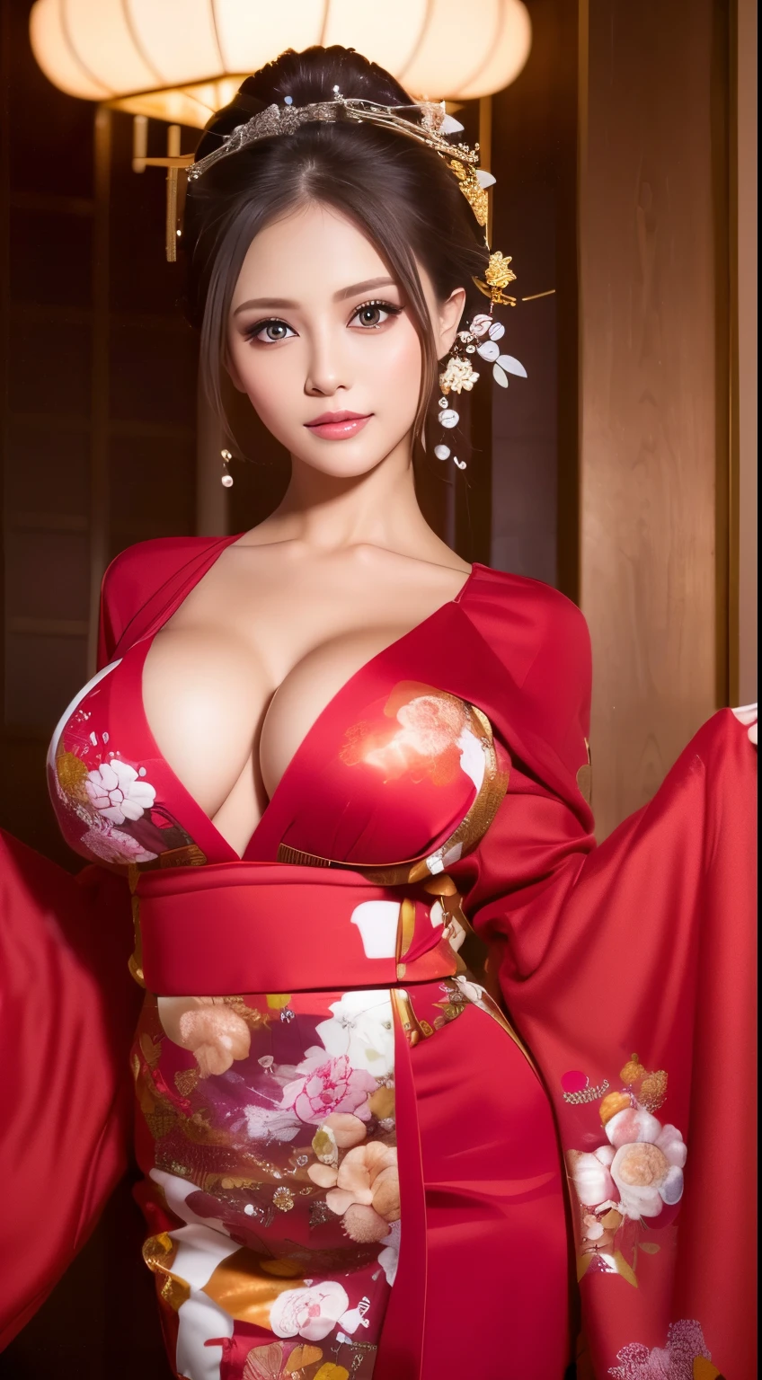 ((masterpiece(:1.4)，Highest quality，Ultra-high resolution，Highest quality，8k，Extremely detailed，In detail))。night，Japanese，A beautiful woman，slim，Large Breasts(1.6)，sexy，glamorous，Flashy gal makeup，Red light district，Bedroom，Oiran，Prostitute，Uchikake，Gold brocade，Obi tied in front，(A gorgeous kimono)，Hair tying，hairpin，hair ornaments，Gorgeous and luxurious，Accentuate your breasts，Drop the dress down to the shoulders，