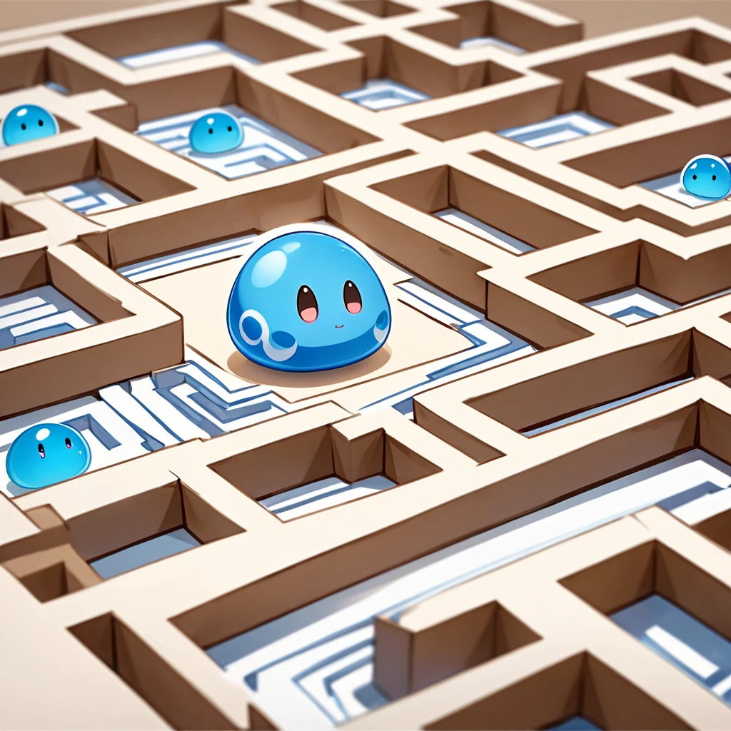 ultra-small deformation, Chibi Cute, A Blue Slime, moving in a maze, after images, Maze full of drawing area