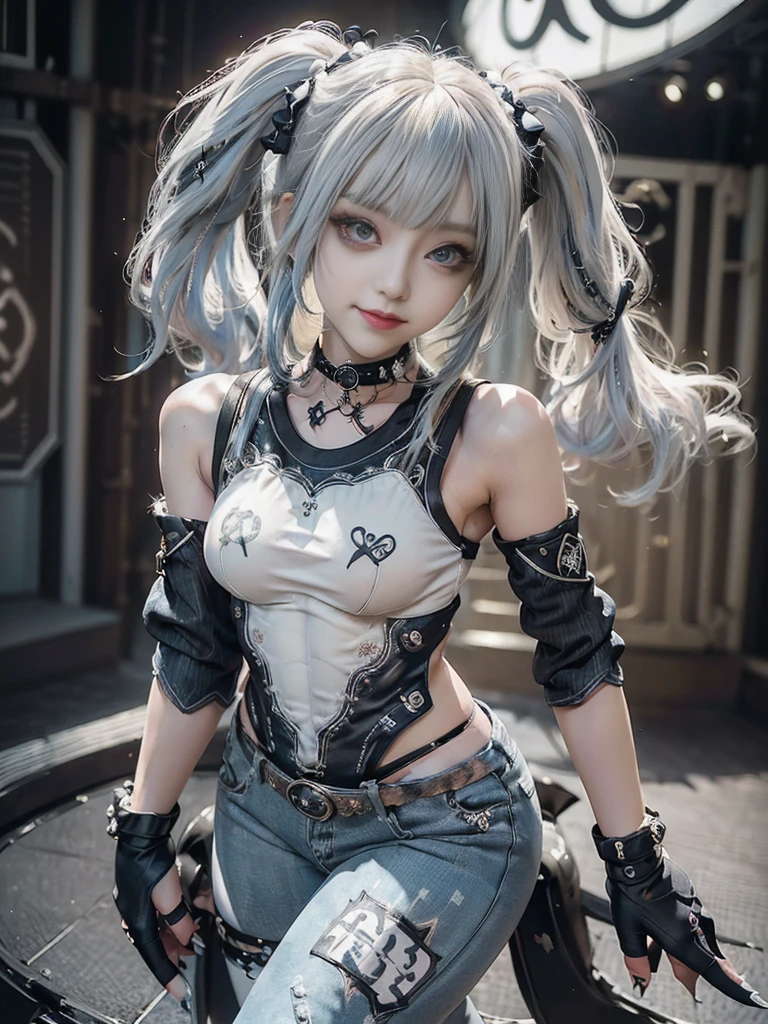 (Full body view:1.3)、(Full Body View:1.2)、(Smiling with teeth showing:1.3),(Shibuya Gal:1.5)、(Gothic Lolita style fashion:1.5)、(Punk RockVisual Kei:1.5)、(Wearing a rhythmic gymnastics bodysuit with intricate details:1.4)、(Racing suit and pants with delicate decorations in white, denim and charcoal:1.5)、(Denim and light blue and white boots:1.3)、((belt))、(Numerous delicate logo marks all over the costume:1.4)、(collar:1.3)、(Striped underwear:1.5)、20-year-old、NSFW、((Highest quality、In 8K、masterpiece:1.3))、Sharp focus:1.2、(Layered Cut、Huge boobs:1.1),Beautiful woman with perfect figure:1.4、(Dancing vigorously:1.3)、Slender Abs:1.2、Highly detailed face and skin texture、Detailed eyes、double eyelid,(Twin tails:1.3)、(Cream colored hair:1.3)、Gravure idol、(The background is the stage of the fashion show:1.3)、(Slim Body:1.3),(Make your legs thinner:1.4),（clavicle:1.1）、(Thin and slim thighs:1.3)