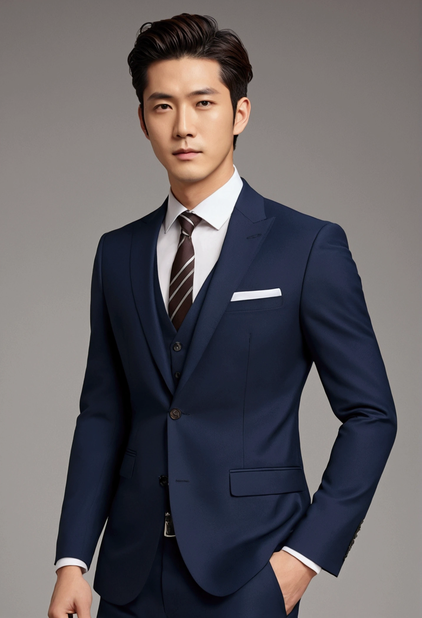 Dark brown suit、　30-year-old handsome employee、Neat hair.It is not advisable to cut the beard short.No beard.　（Super handsome S-class suit man）、　Japanese 30-year-old man、　merchant、　Super Deluxe Set、　office、　Put on a suit and stand upＳYoung handsome man、　Full body portrait、　（CG Unity 8K High Detail Photos）、　（Very detailed的ＳThe most handsome boy in the class）、　（The photos are real）、　　（（Top quality））、　Very detailed、　（masterpiece）、　Ultra-high quality、　High target、　audience、　gentleman、　Very beautiful hair、　short hair、　Bright photos、　Handsome as a model、　Handsome as an idol、　Luxury watches、　Cool Zone、　Japanese