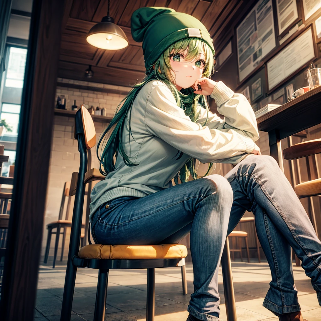 1 girl, alone, cafes, Green hair, Beanie, sweater, jeans, sit on the chair, dynamic poses, Indoors, 