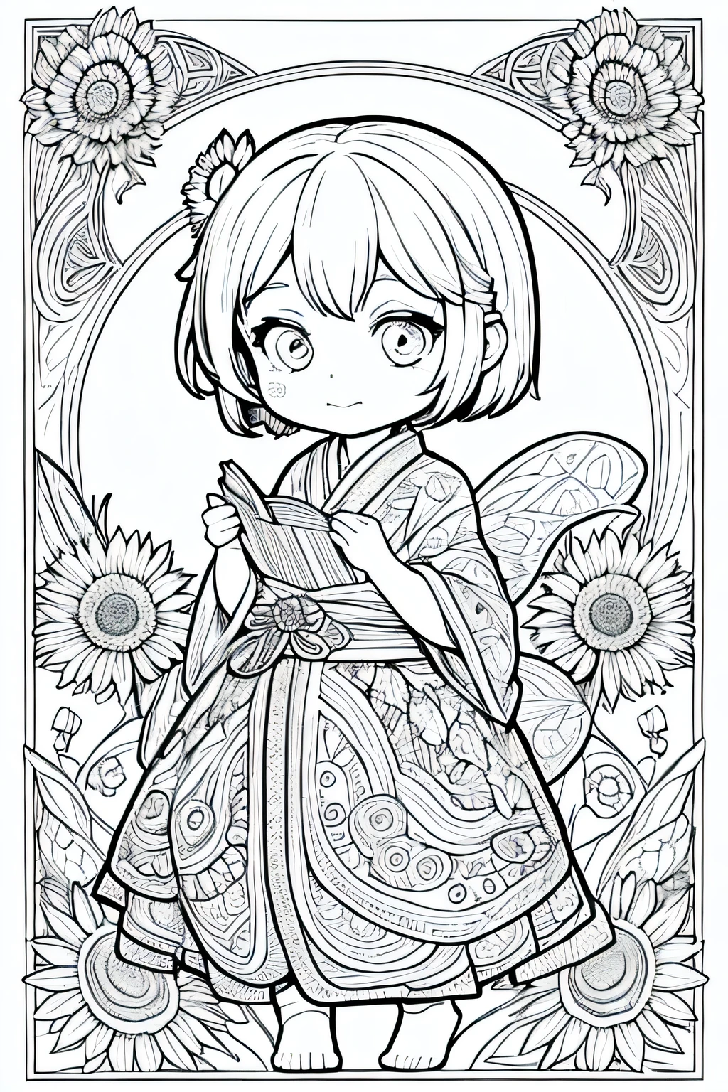 One girl, Create a baby chibi version of the Alice character in an 8K resolution, coloring pages, simplified zentangle, coloring book outline, black and white only, no outline, intricate designs, coloring book, celtic design, intricate lines, no gradients, Chibi,Sunflower fairy, sunflower yukata, short hair