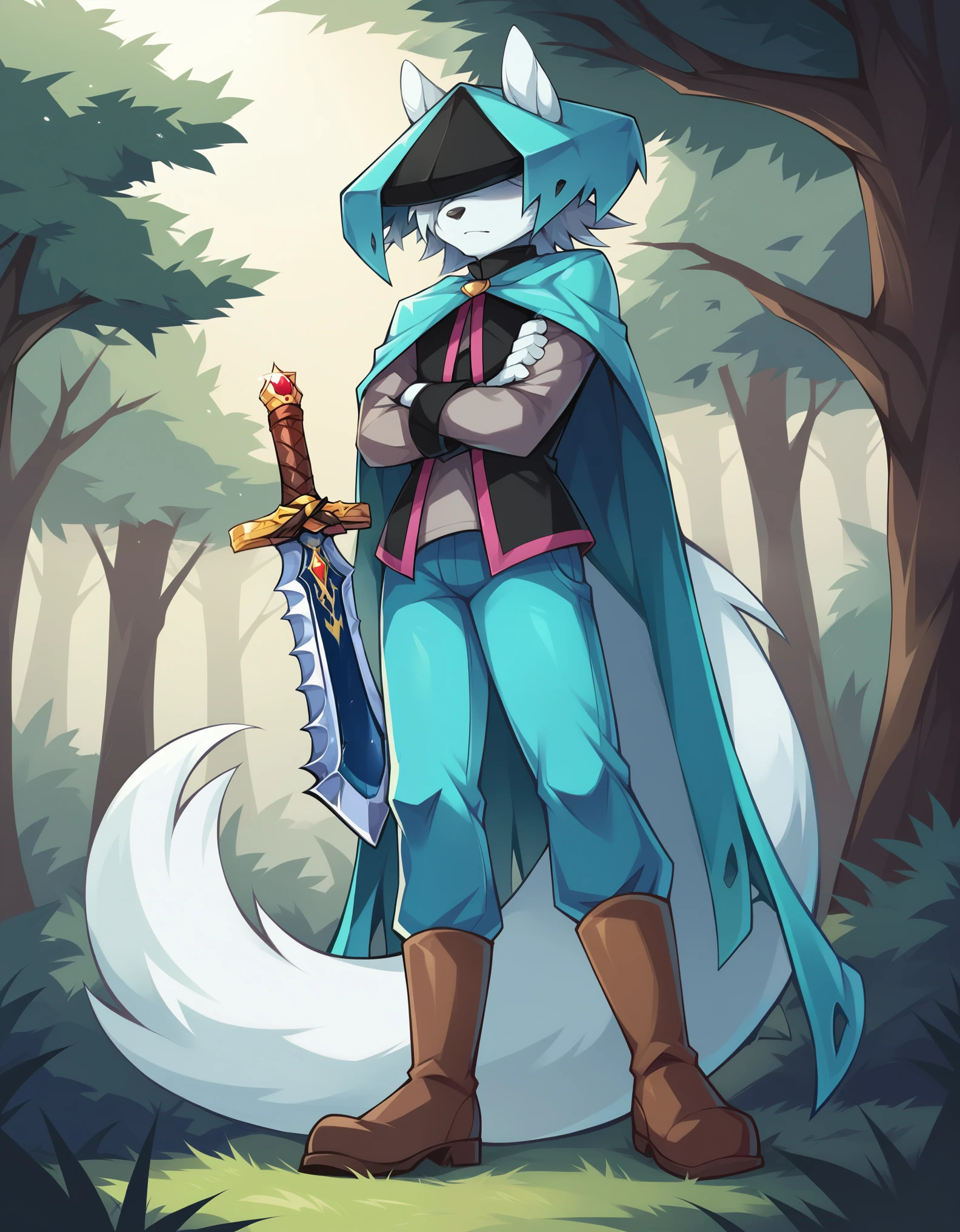 score_9, score_8_up, score_7_up, score_6_up, (du57aet, anthro, tail), ((male focus, 1boy, solo)), male, from below, hat over eyes, hat, cape, vest, pants, boots, sword, arms crossed, forest background 