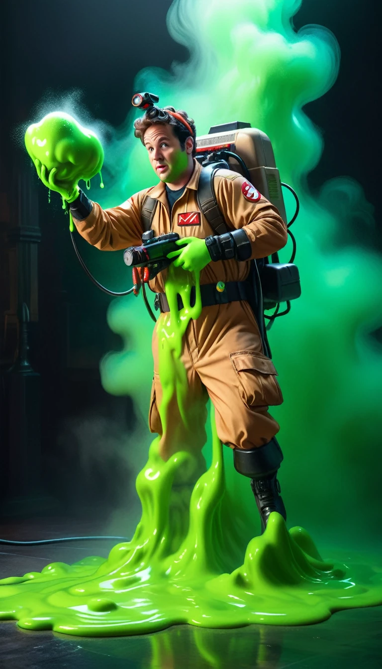 A ghostbuster covered in gooey green slime, realistic detailed digital painting, 1 ghostbuster, green slimecovered ghostbuster, hyperrealistic, extremely detailed, cinematic lighting, volumetric fog, dramatic shadows, intense colors, vibrant, dramatic composition, masterpiece, cinematic, best quality, 8k, photorealistic