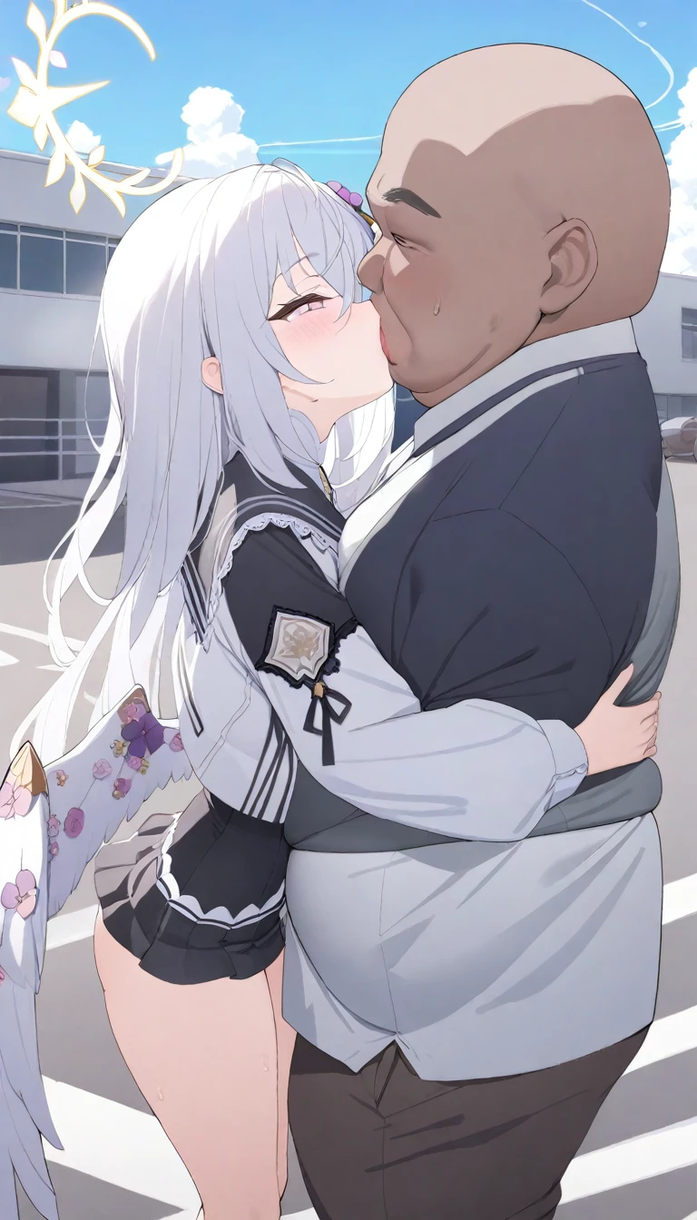 1girl and 1 fat ugly man, azusa \(blue archive\), cute, kiss, beautiful detailed sky parking lot-highres absurdres best-quality safe masterpiece, Eight thousand, best quality, Kissing a man, nsfw, tongue kiss