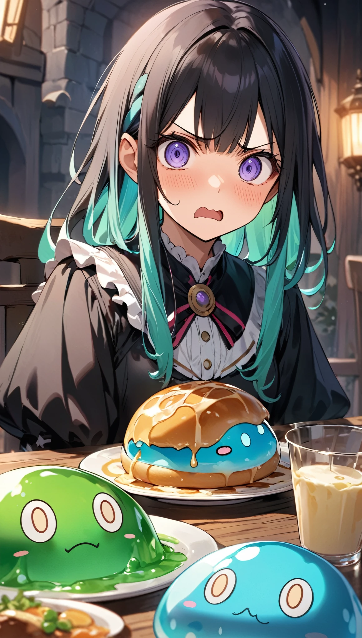 Slimeを食べる女の子, A look of disgust, Slimeを見つめる瞳, Fearful expression, Disbelief, BREAK: Enjoying the anticipation of eating1Slime, Only one piece, BREAK Fantasy horror food review